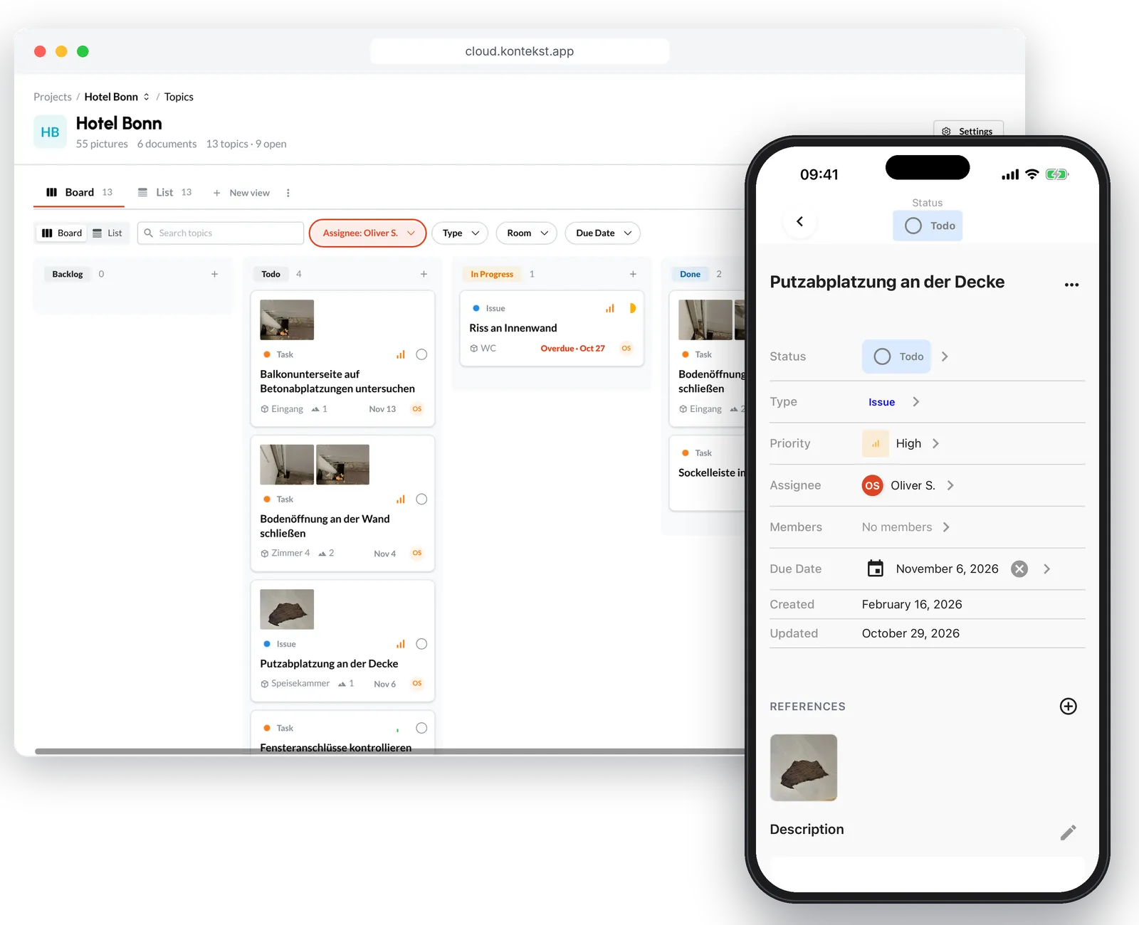 kontekst lens on a phone: defect with status, priority, assignee, due date and a linked photo, behind it the kontekst cloud board filtered by assignee