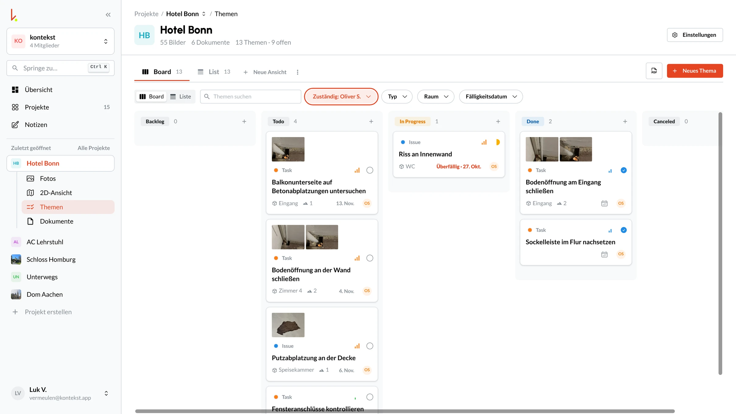 Kanban-Board mit Mängeln und Aufgaben nach Status, gefiltert nach Zuständigkeit, mit Fotos, Raum und Fälligkeit auf den Karten