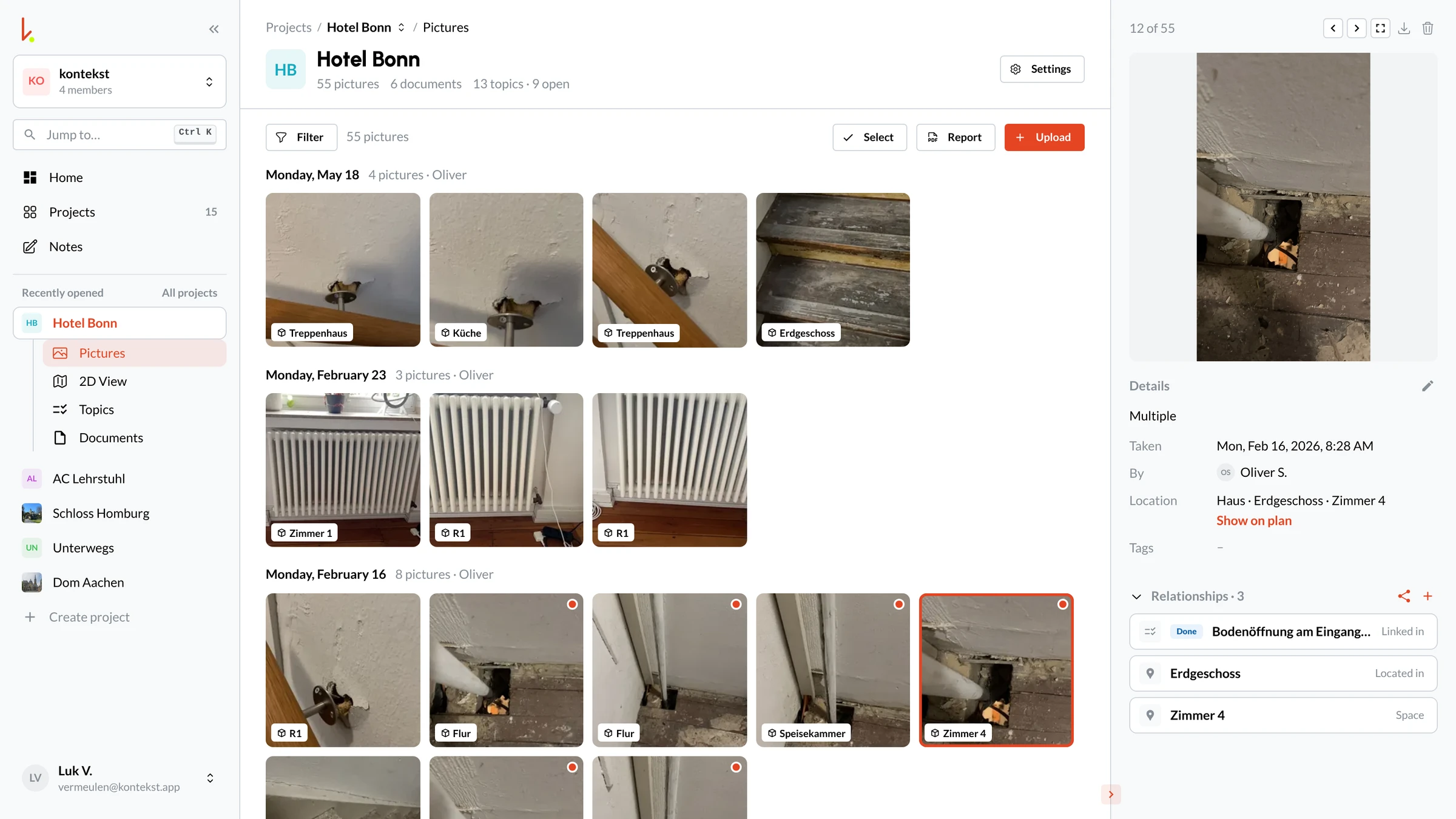 Project photos in kontekst cloud, with one photo showing its room, person and linked defect on the right