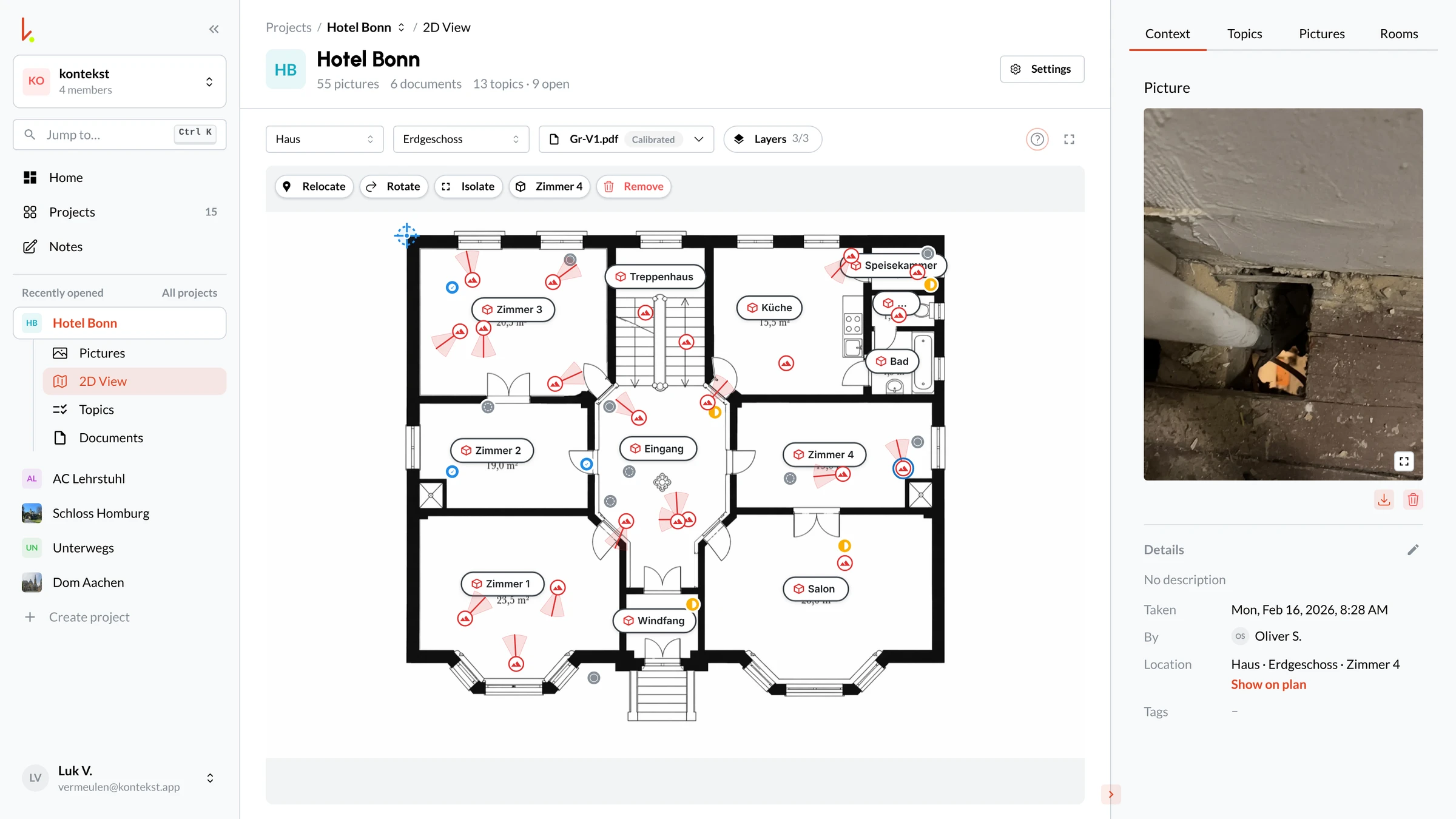 Floor plan in kontekst cloud with defects and photos as markers and a selected photo with room, date and person