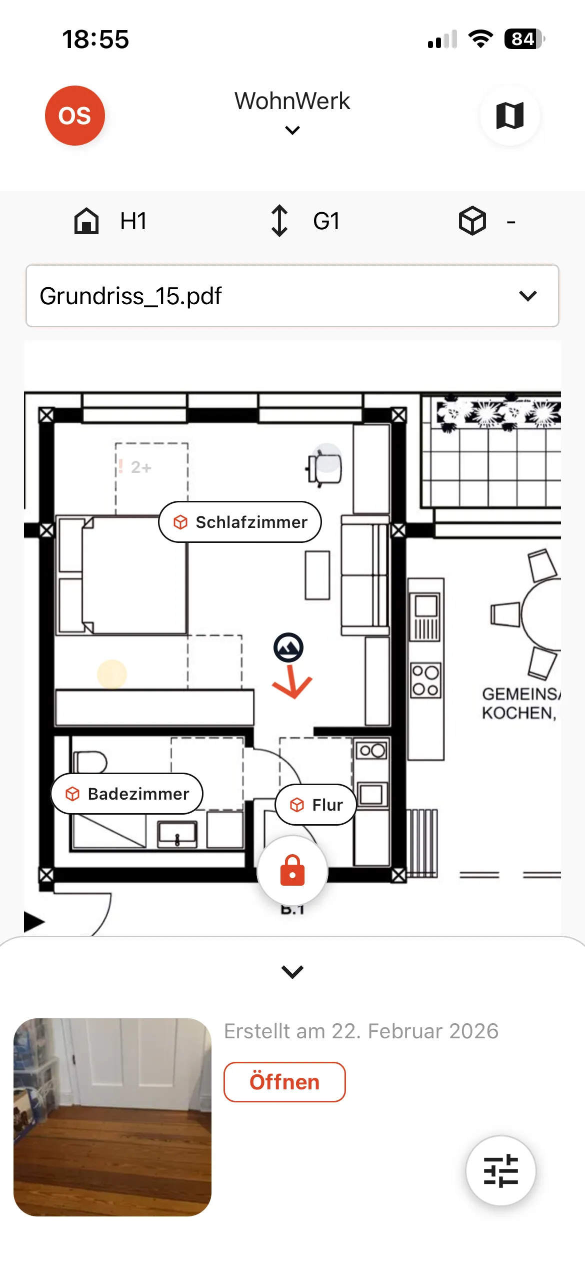 Screenshot der Planansicht mit verorteten Fotos und Topics im Grundriss in kontekst